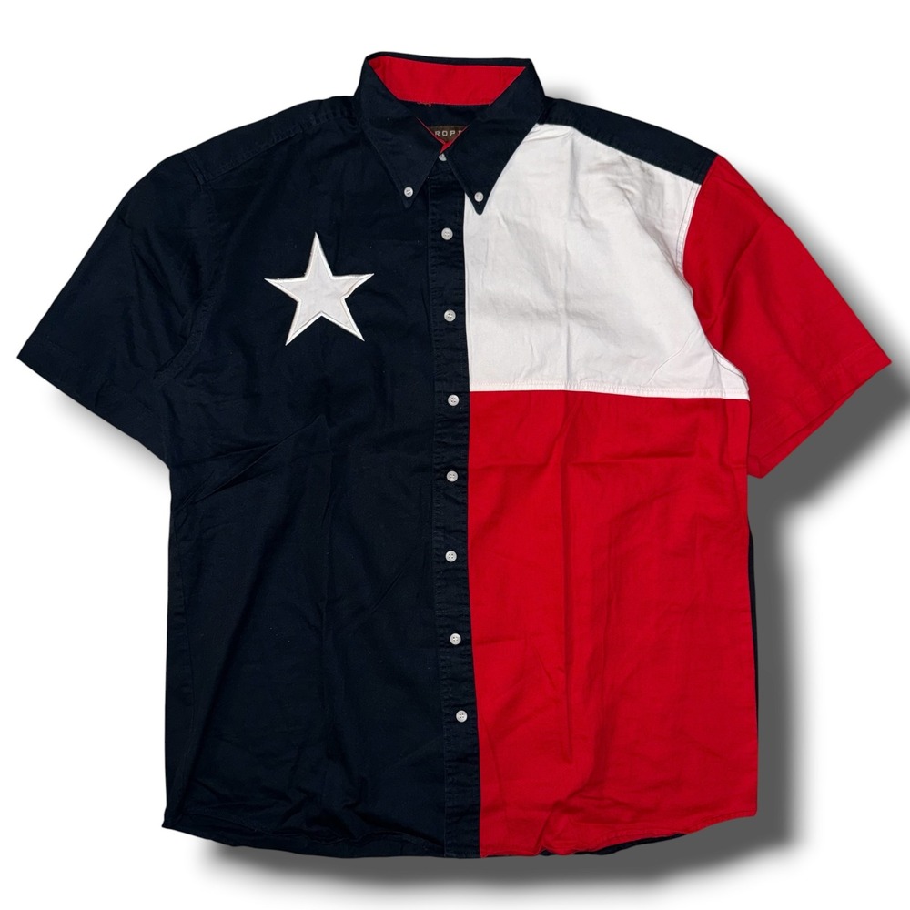 Roper Mens Texas Flag Short Sleeve Button Down Shirt Navy Red White XL Star